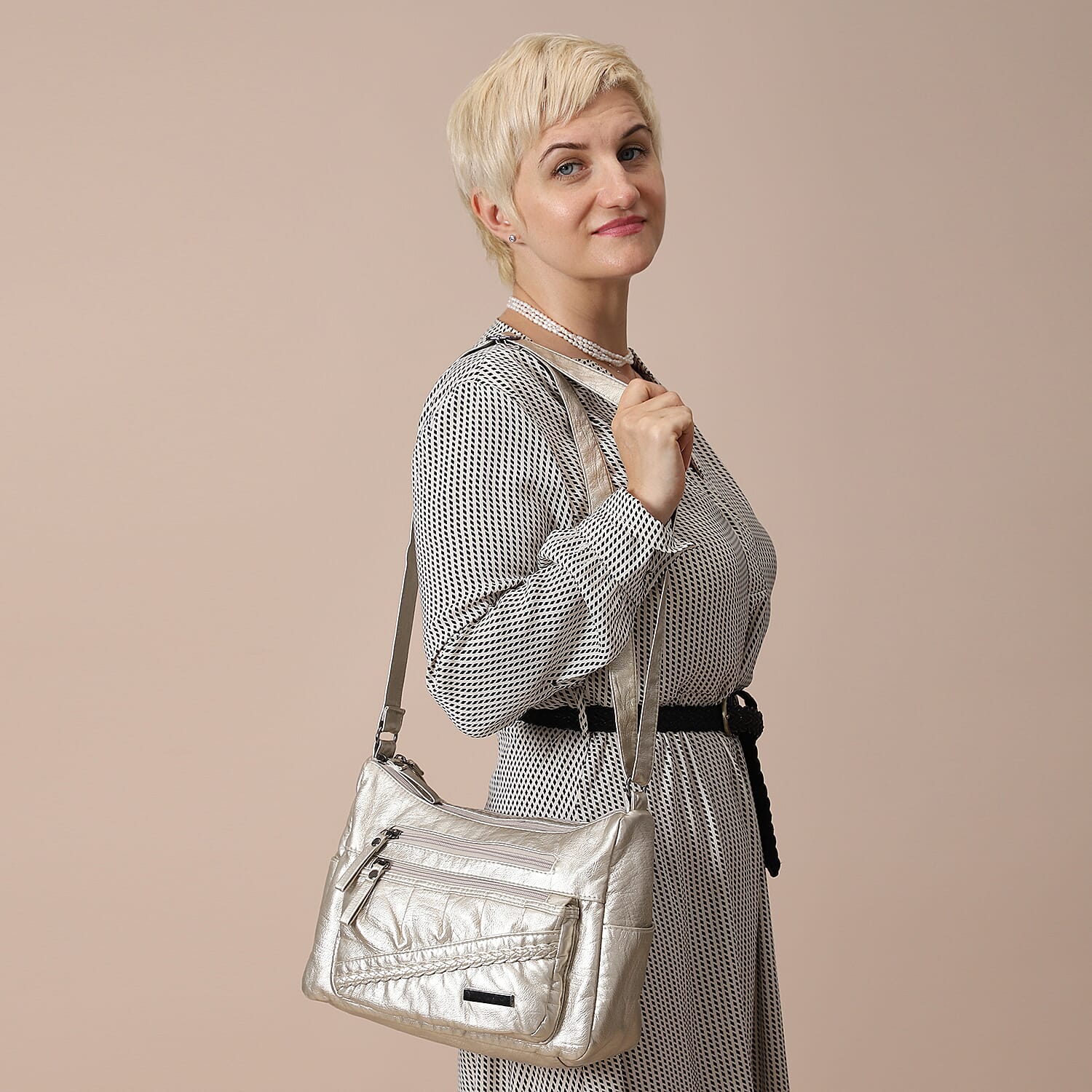 Multi Pocket Crossbody Bag with Zipper Closure and Adjustable Shoulder Strap (Size 30x20x11cm) - Champagne