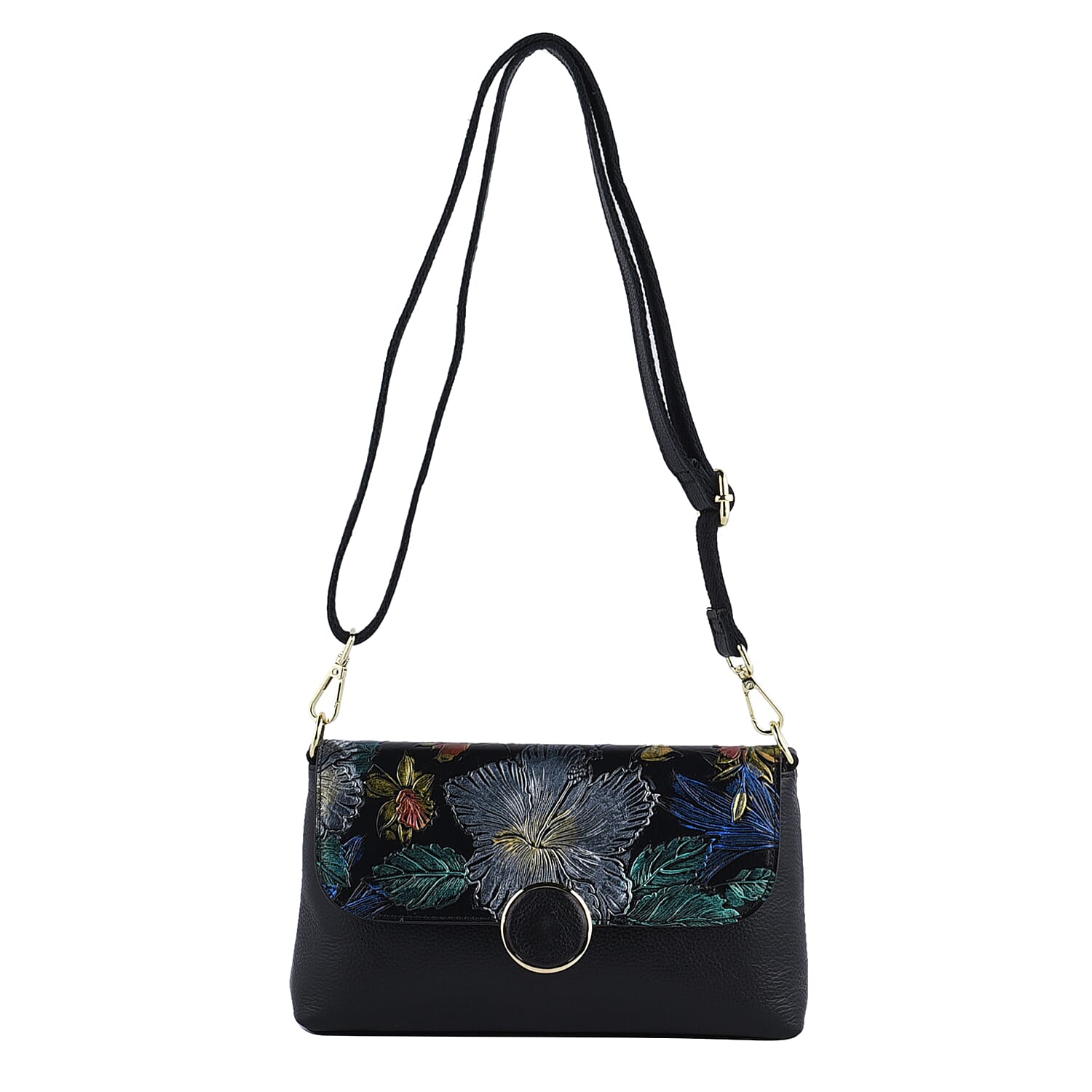 Genuine Leather Floral Pattern Crossbody Bag with Shoulder Strap - Light Green