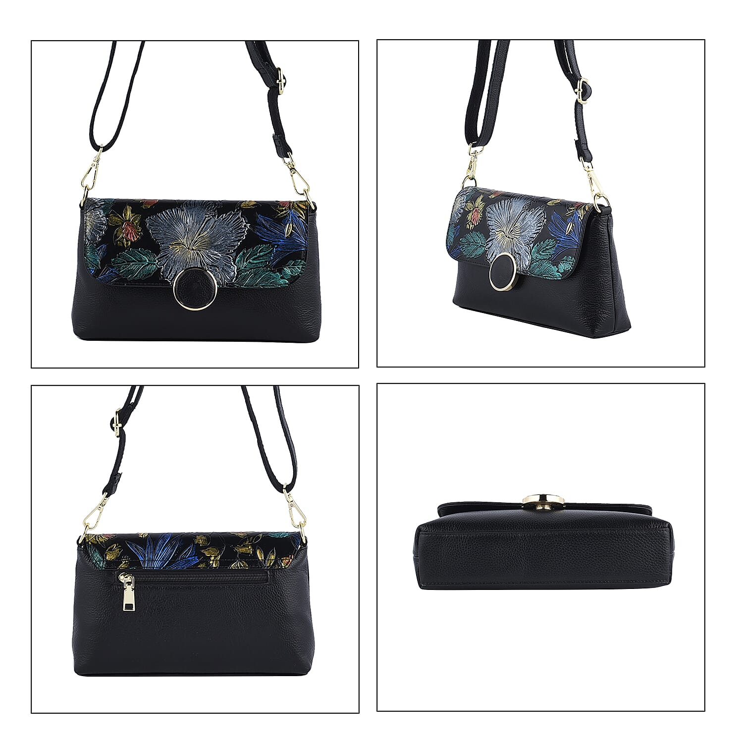 Genuine Leather Floral Pattern Crossbody Bag with Shoulder Strap - Light Green