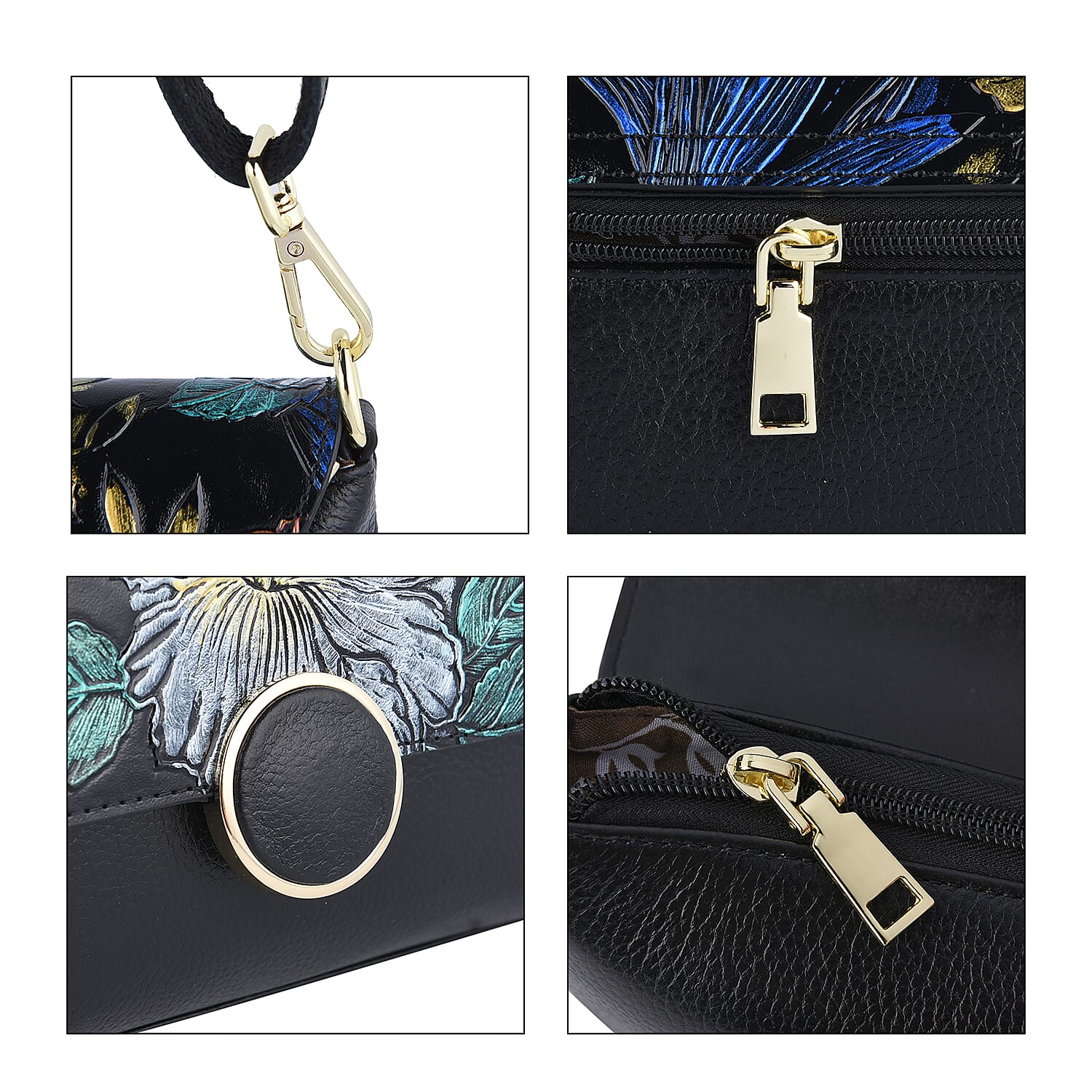 Genuine Leather Floral Pattern Crossbody Bag with Shoulder Strap - Light Green