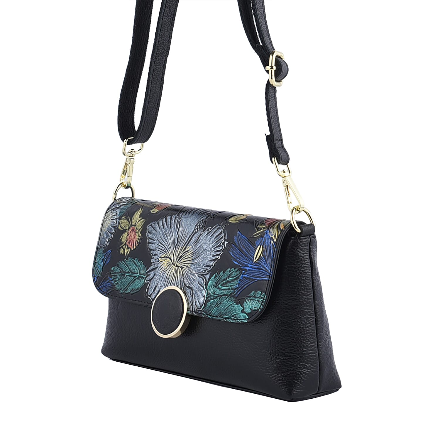Genuine Leather Floral Pattern Crossbody Bag with Shoulder Strap - Light Green