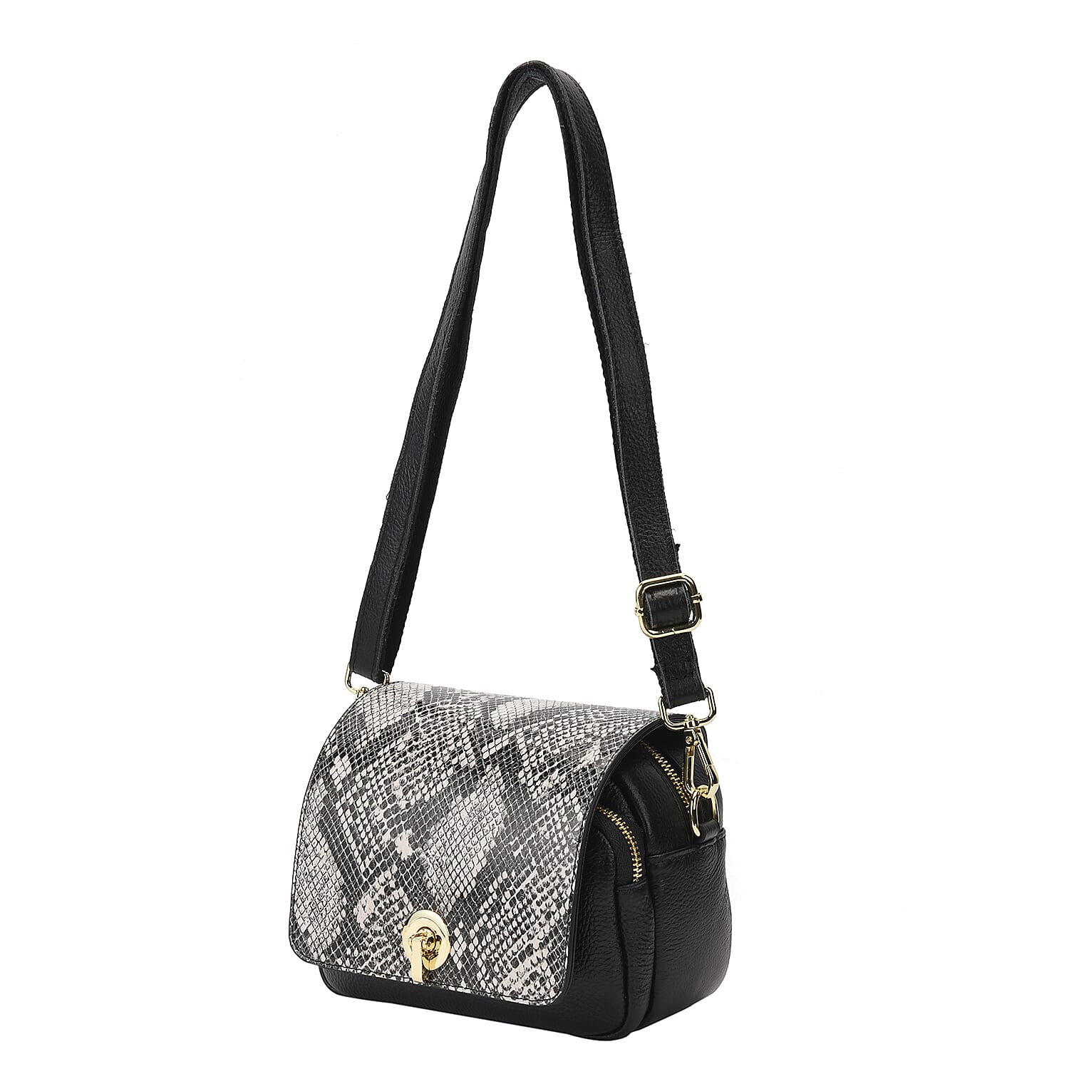 Genuine Leather Womens Snake Print Crossbody Bag with Shoulder Strap - Black