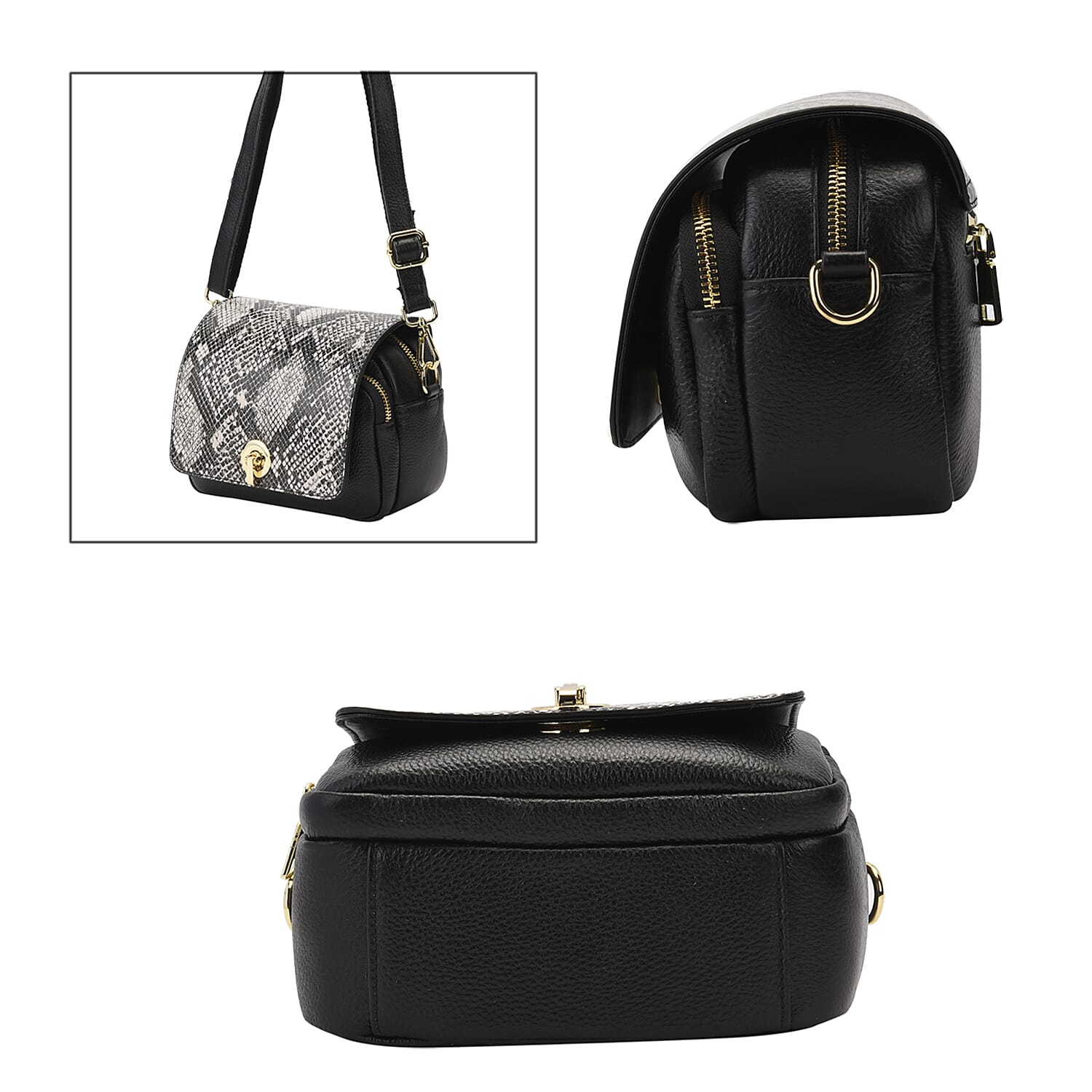 Genuine Leather Womens Snake Print Crossbody Bag with Shoulder Strap - Black