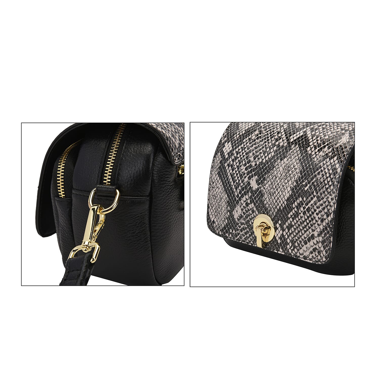 Genuine Leather Womens Snake Print Crossbody Bag with Shoulder Strap - Black