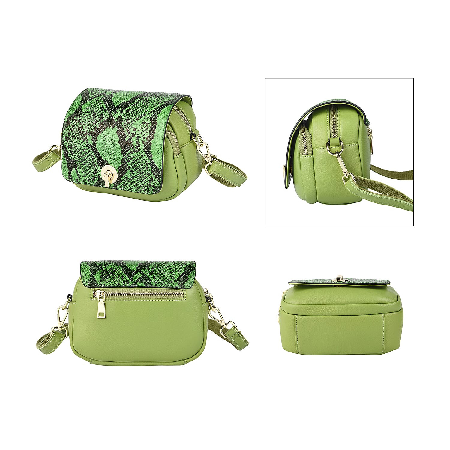 Genuine Leather Womens Snake Print Crossbody Bag with Shoulder Strap - Black