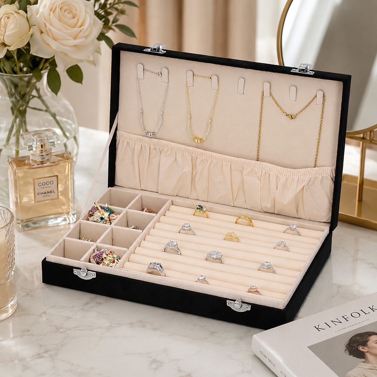 DOD- Luxurious Velvet Anti-Tarnish Jewelry Organizer Box - Black