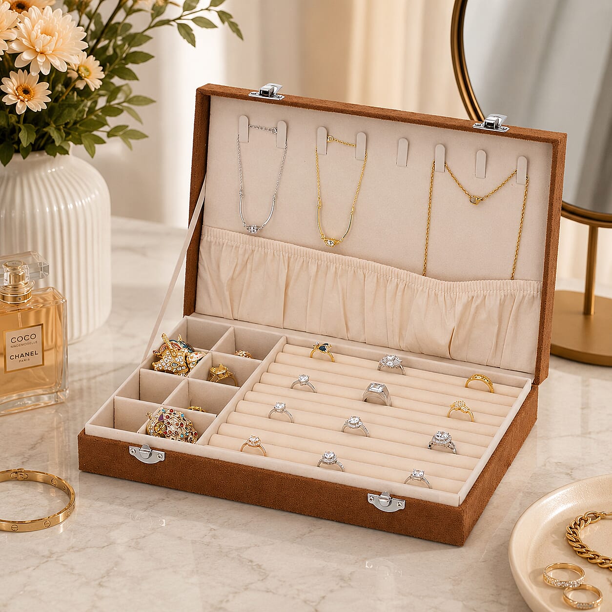 DOD-Luxurious Velvet Anti-Tarnish Jewelry Organizer Box - Brown
