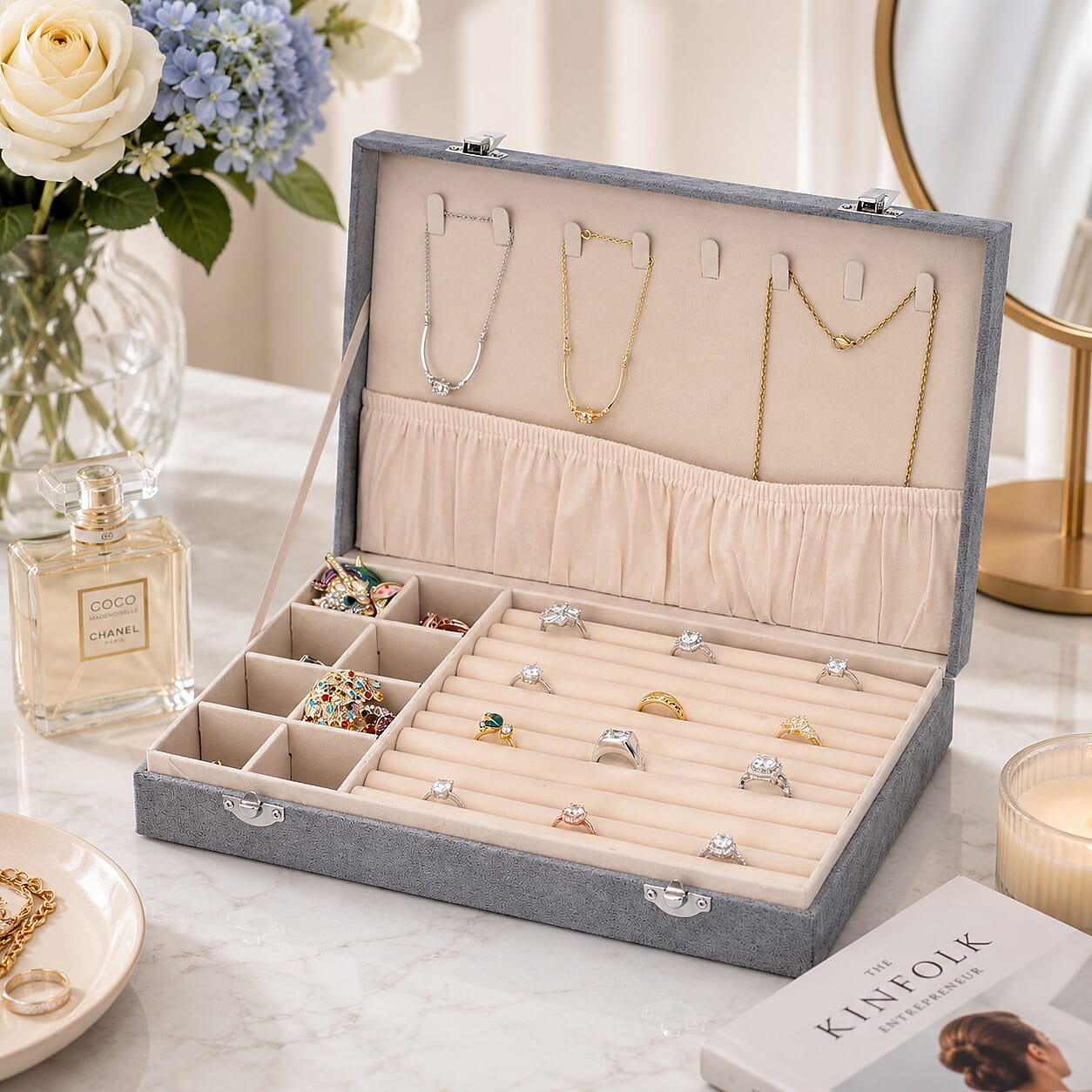 DOD-Luxurious Velvet Anti-Tarnish Jewelry Organizer Box - Grey
