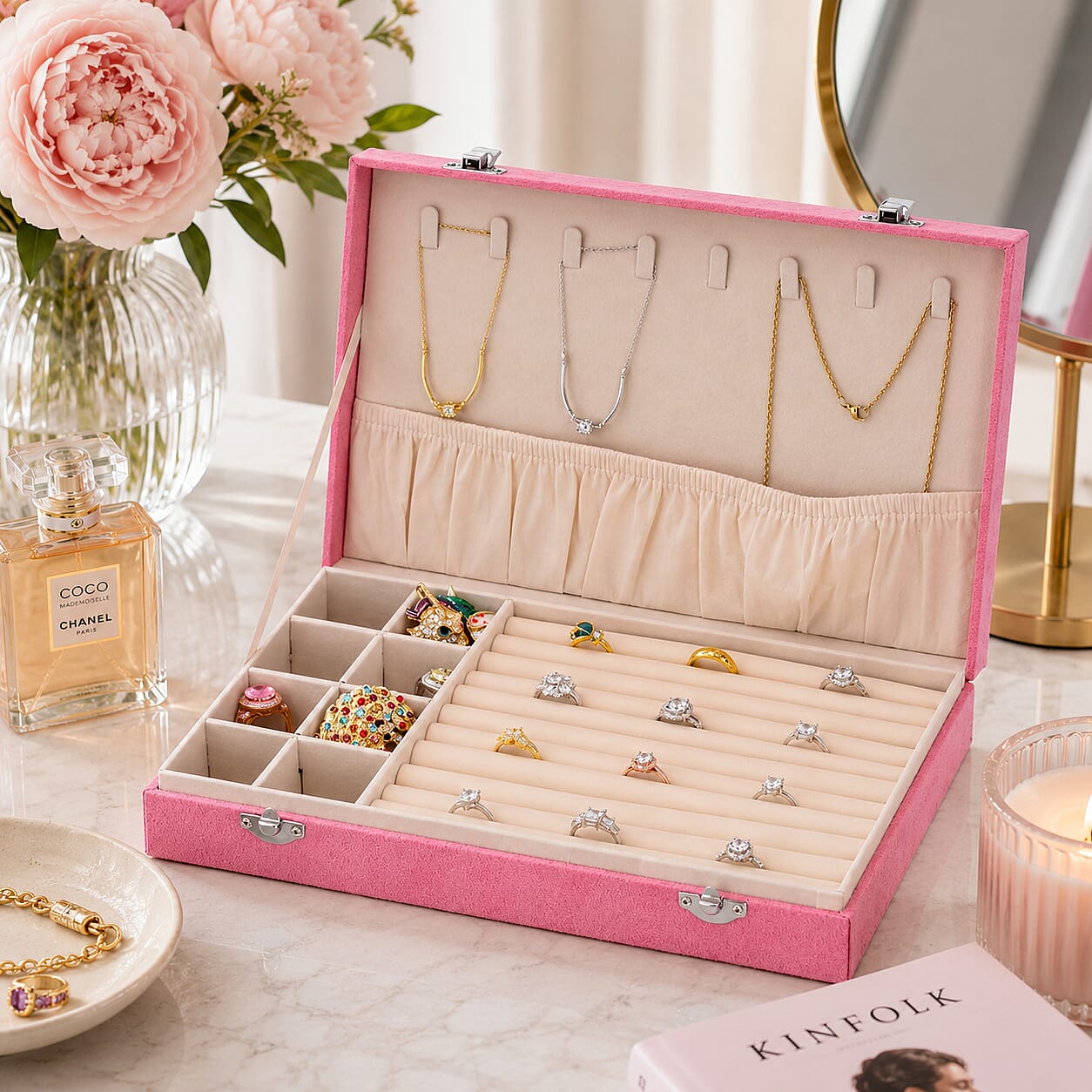 DOD-Luxurious Velvet Anti-Tarnish Jewelry Organizer Box - Pink
