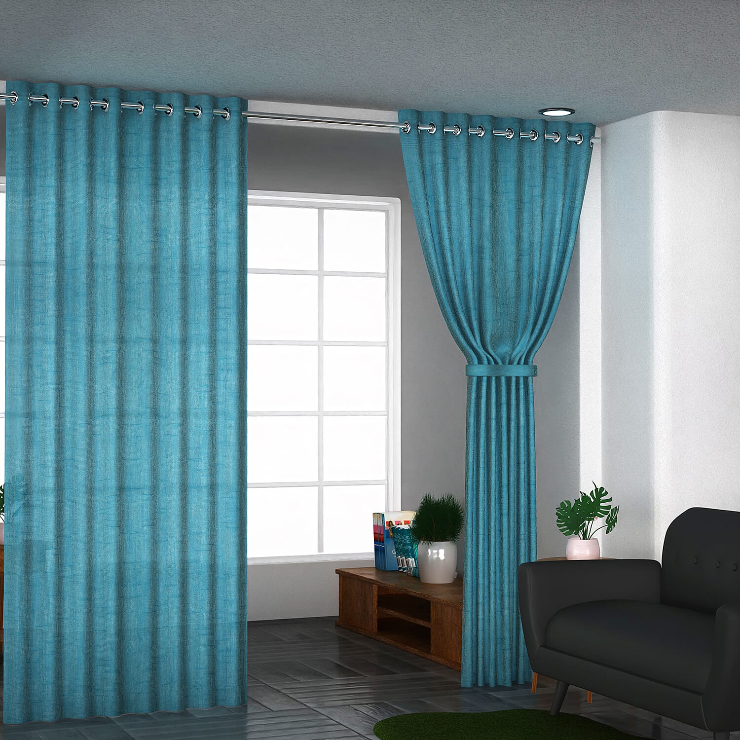 Set of 2 - 100% Cotton Textured Slub Blackout Curtain with Eyelets (Size 140x234cm) - Cobalt Blue  (55X92 inch)