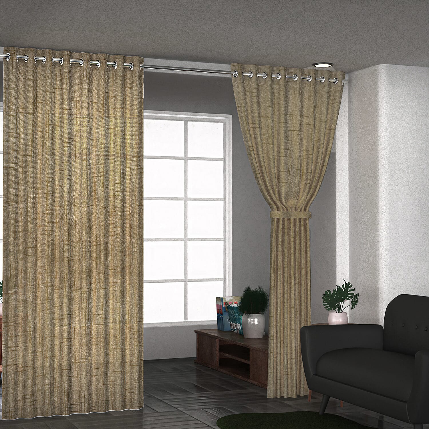 Set of 2 - 100% Cotton Textured Slub  Curtain with Eyelets (Size 140x234cm) - Light Brown