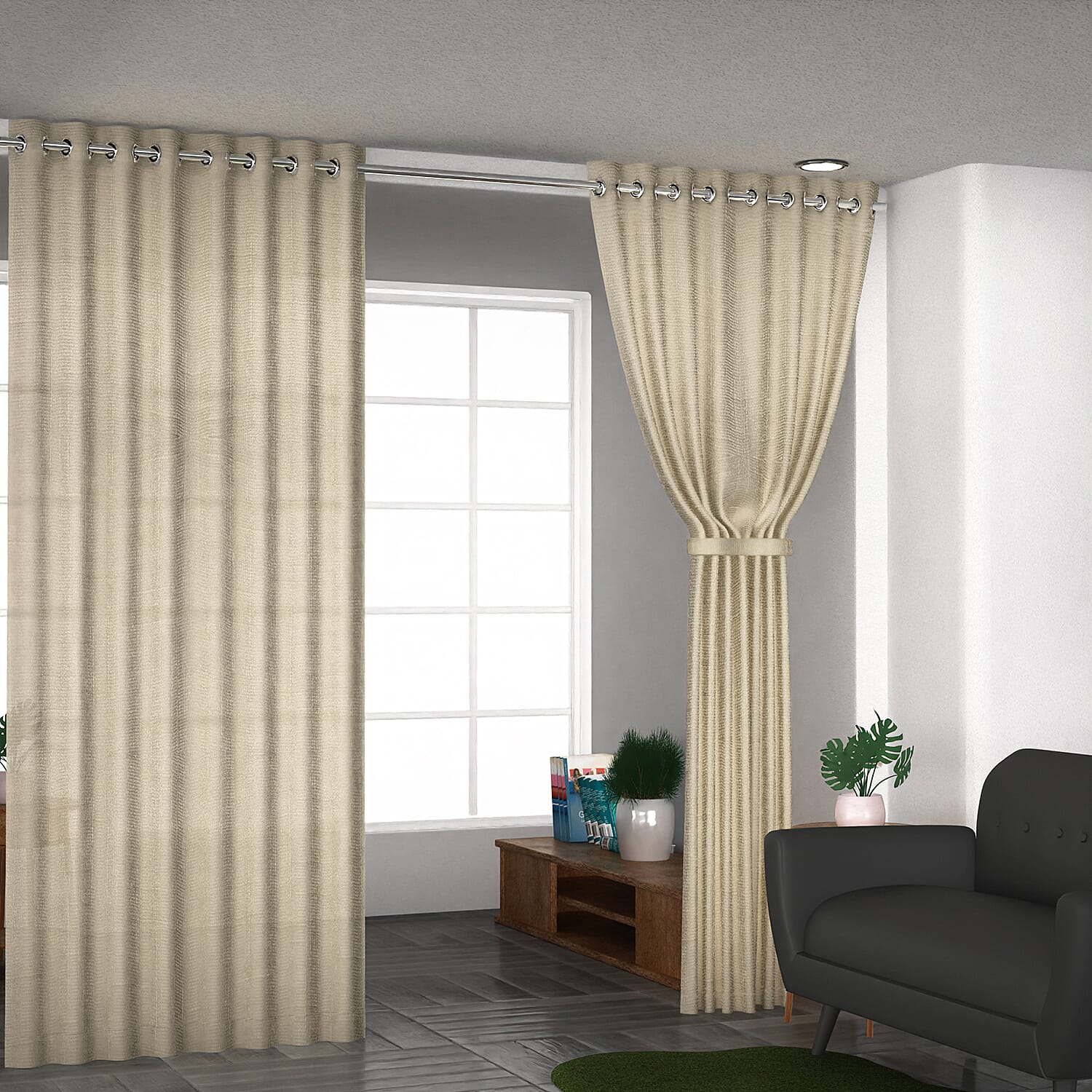 Set of 2 - 100% Cotton Textured Slub Curtain with Eyelets (Size 140x234cm) - Cream