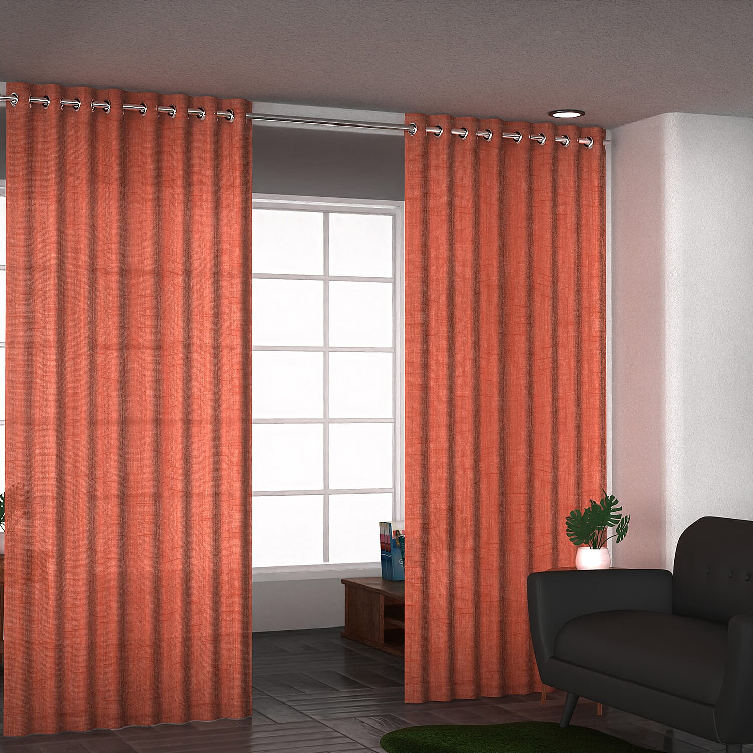 Set of 2 - 100% Cotton Textured Slub Curtain with Eyelets (Size 140x234cm) - Terracotta (55X92 inch)