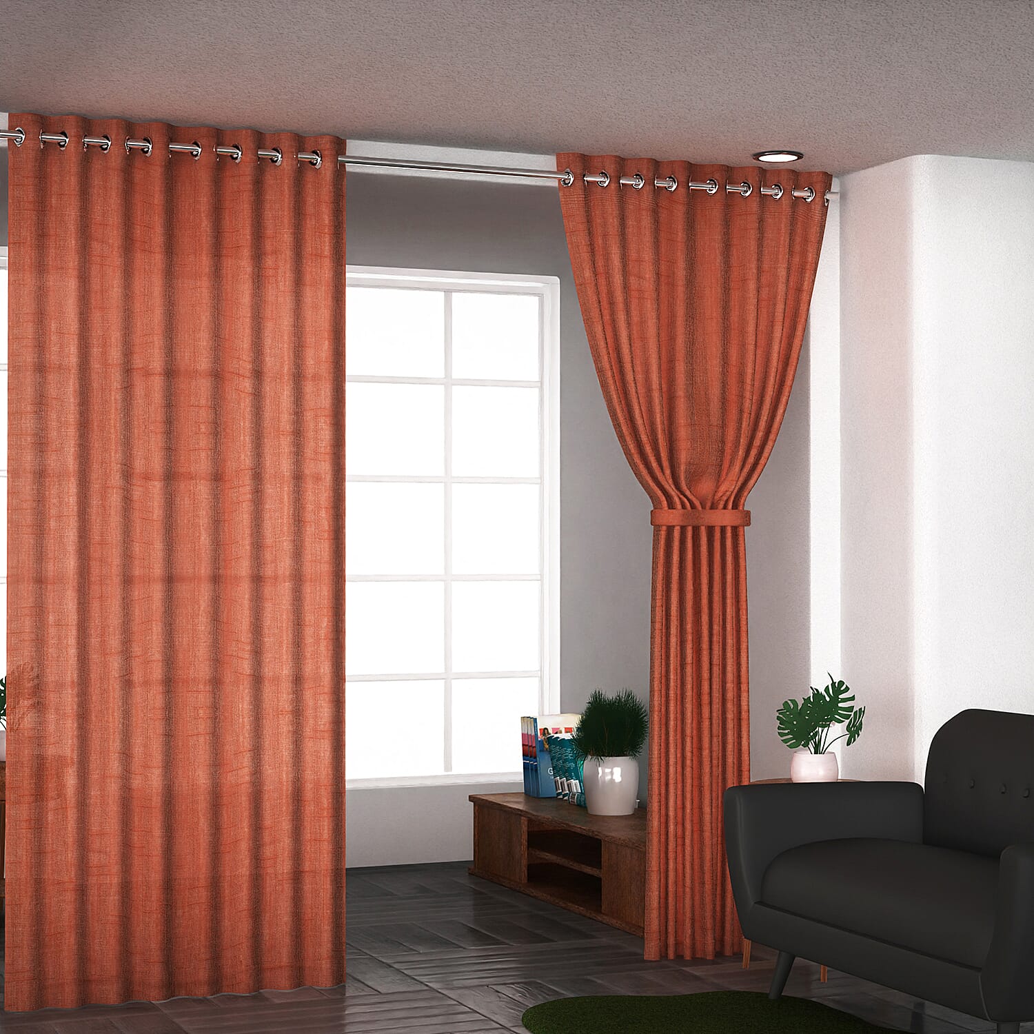 Set of 2 - 100% Cotton Textured Slub Curtain with Eyelets (Size 140x234cm) - Terracotta (55X92 inch)