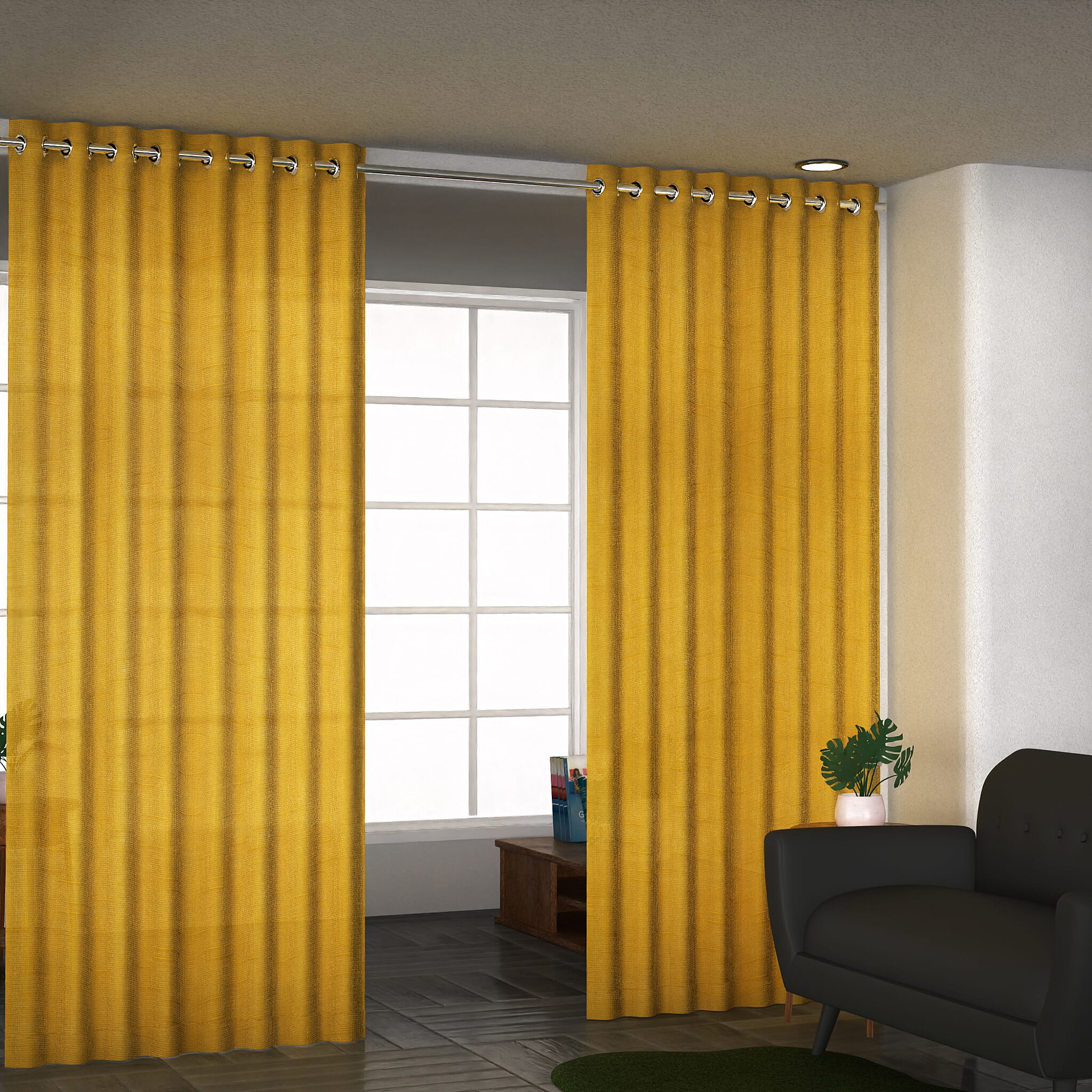 Set of 2 - 100% Cotton Textured Slub  Curtain with Eyelets (Size 140x234cm) - Mustard  (55X92 inch)