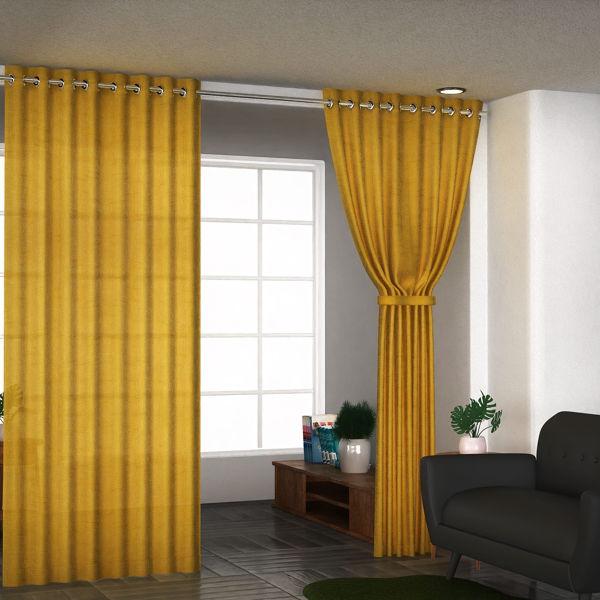 Set of 2 - 100% Cotton Textured Slub  Curtain with Eyelets (Size 140x234cm) - Mustard  (55X92 inch)