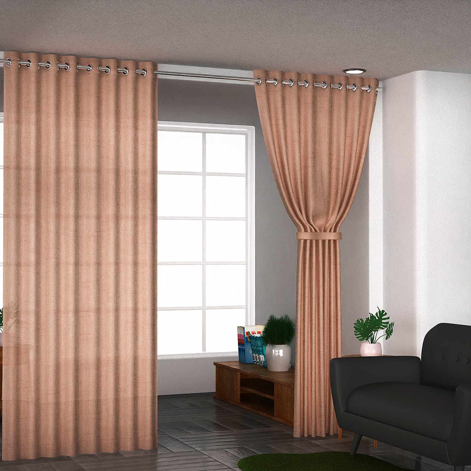 Set of 2 - 100% Cotton Textured Slub  Curtain with Eyelets (Size 140x234cm) - Dusky Pink  (55X92 inch)