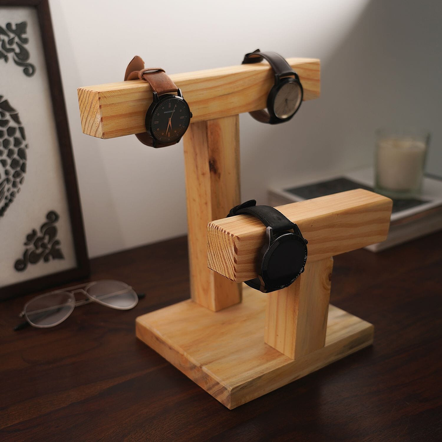 2 Tier T- Bar Wooden Watch Stand (Size 18x15 Cm) - Pine