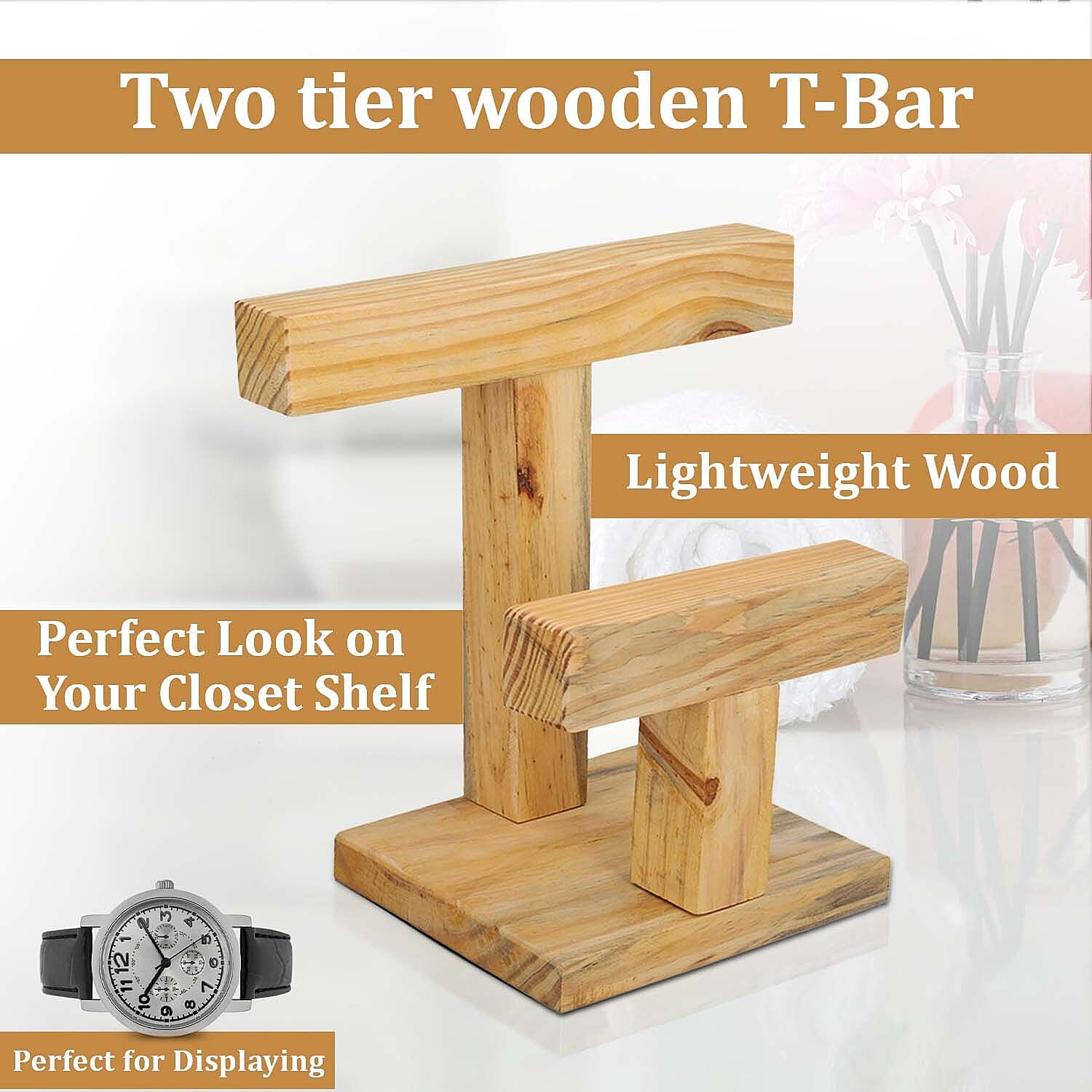 2 Tier T- Bar Wooden Watch Stand (Size 18x15 Cm) - Pine