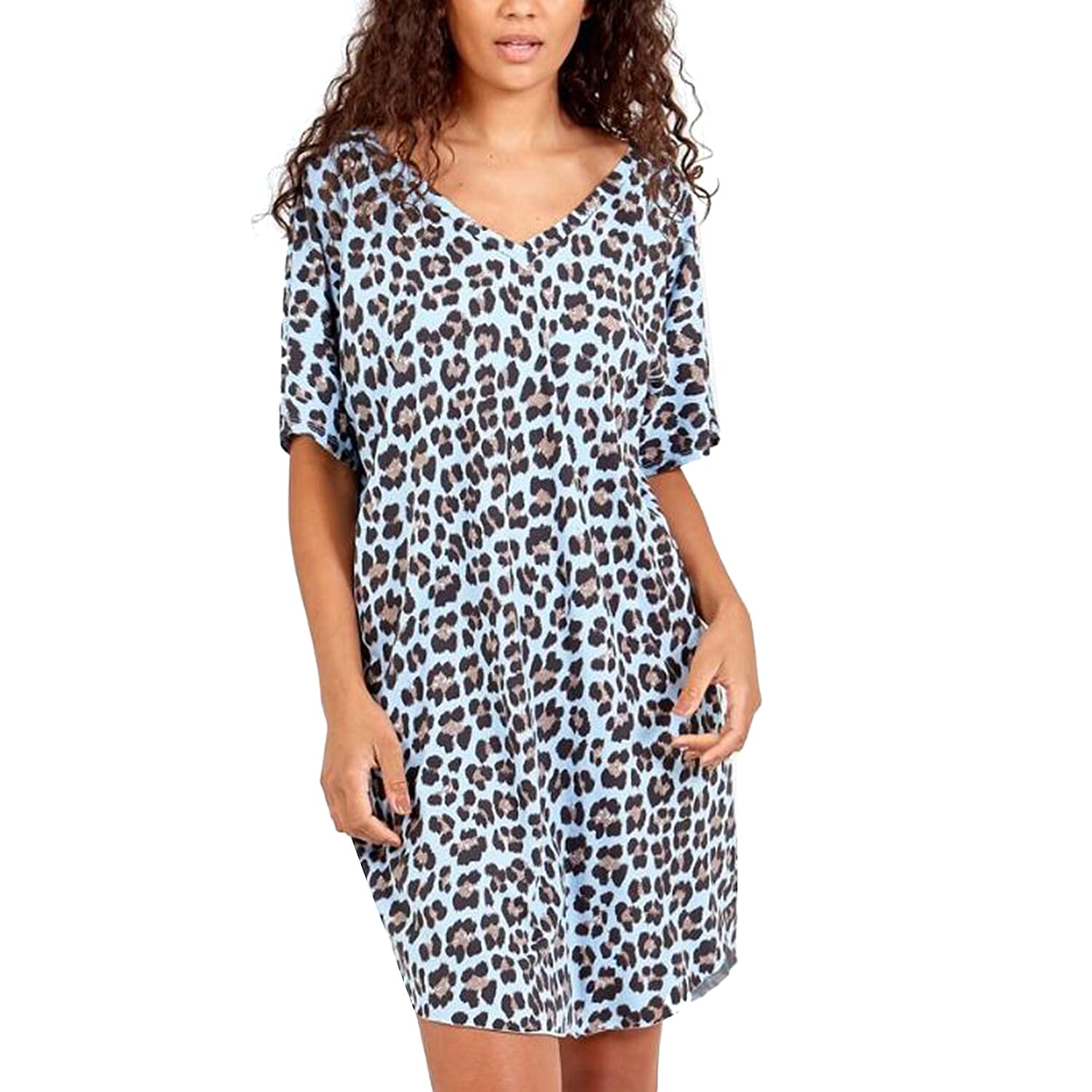 Nova of London Off Shoulder Leopard Print V-Neck Oversized Dress  in Beige (Length 92cm) (Size up to 20)