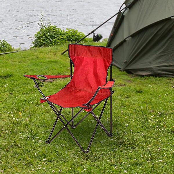 Portable Folding Outdoor Chair with Mesh Cup Holder (Support upto 100Kg) (Size-80x50Cm) - Red