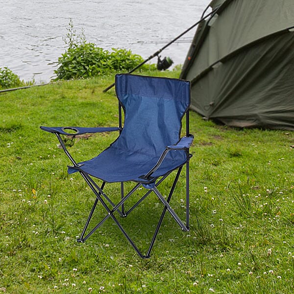 Portable Folding Outdoor Chair with Mesh Cup Holder (Support upto 100Kg) (Size-80x50Cm) - Navy
