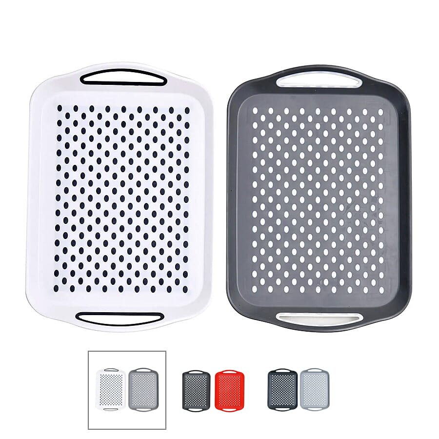 Set of 2 Rectangular Anti-Skid Rubber Grip Serving Tray - White and Grey