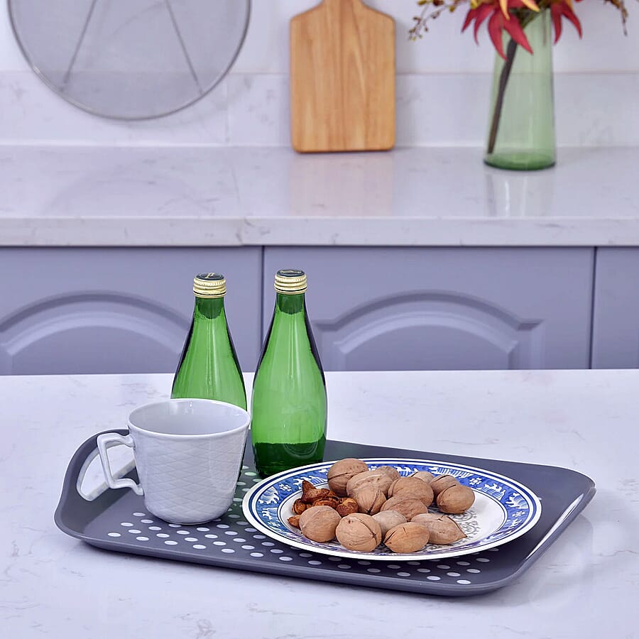 Set of 2 Rectangular Anti-Skid Rubber Grip Serving Tray - White and Grey