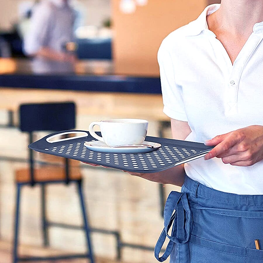 Set of 2 Rectangular Anti-Skid Rubber Grip Serving Tray - White and Grey