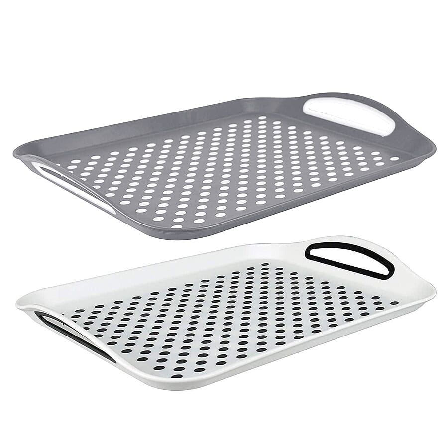 Set of 2 Rectangular Anti-Skid Rubber Grip Serving Tray - White and Grey