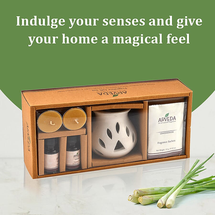 Ceramic Diffuser Pot with 2 Lemongrass Aroma Oil Bottle (10ML each), 2 Tea Light Candle and 1 Fragrance Sachet (12Gm)