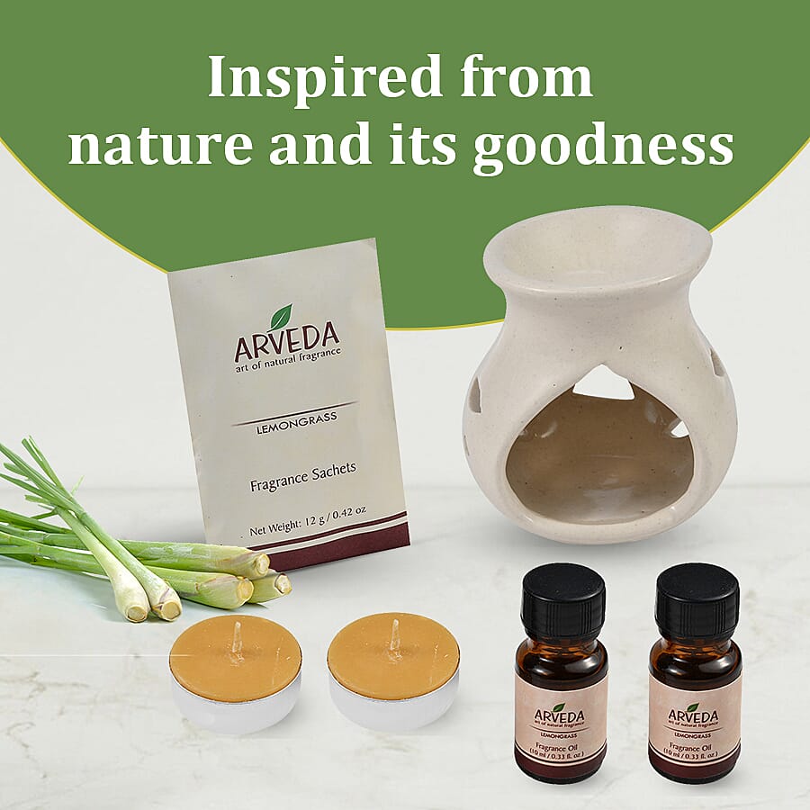 Ceramic Diffuser Pot with 2 Lemongrass Aroma Oil Bottle (10ML each), 2 Tea Light Candle and 1 Fragrance Sachet (12Gm)