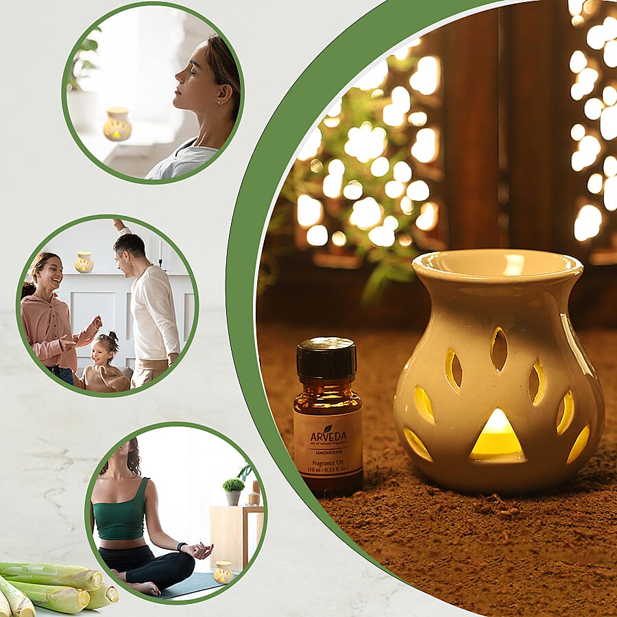 Ceramic Diffuser Pot with 2 Lemongrass Aroma Oil Bottle (10ML each), 2 Tea Light Candle and 1 Fragrance Sachet (12Gm)