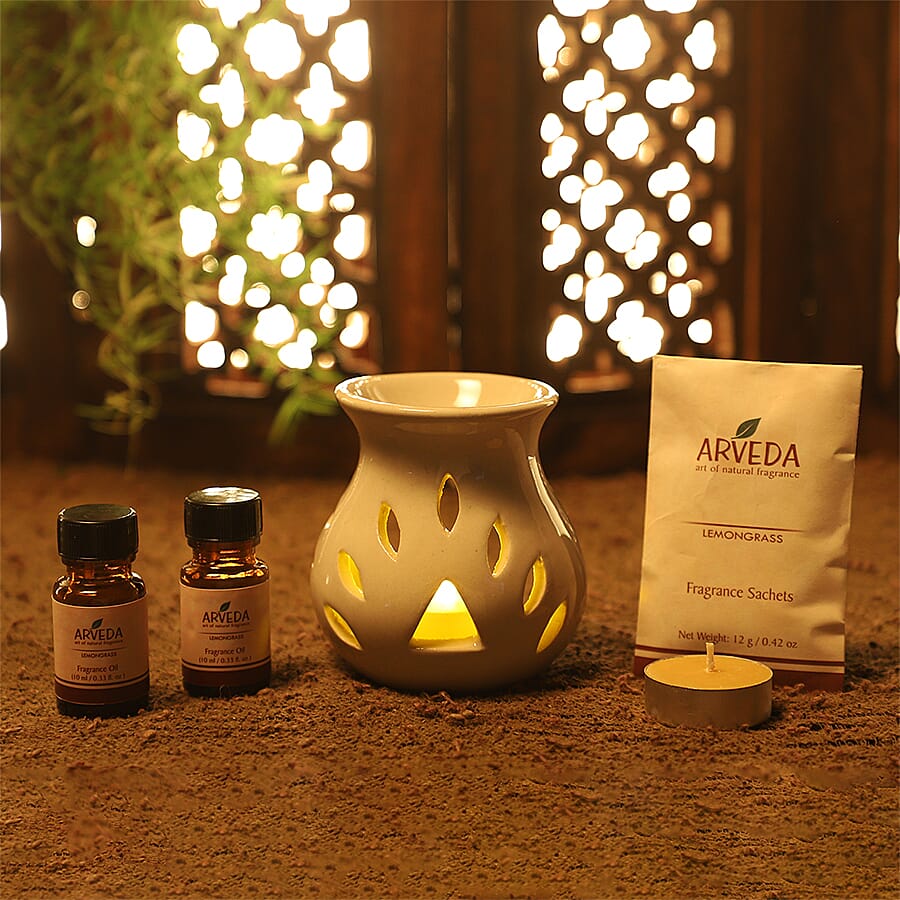 Ceramic Diffuser Pot with 2 Lemongrass Aroma Oil Bottle (10ML each), 2 Tea Light Candle and 1 Fragrance Sachet (12Gm)