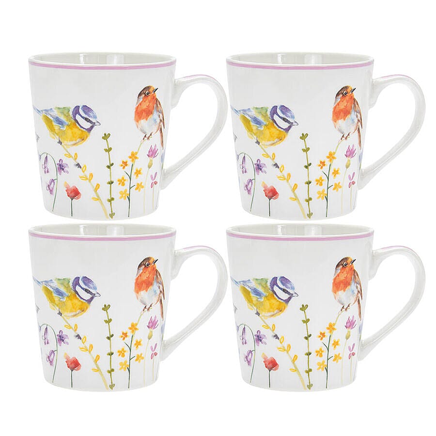 Lesser & Pavey Set of 4 - Garden Birds Mug in off White and Pink (9X7 CM)