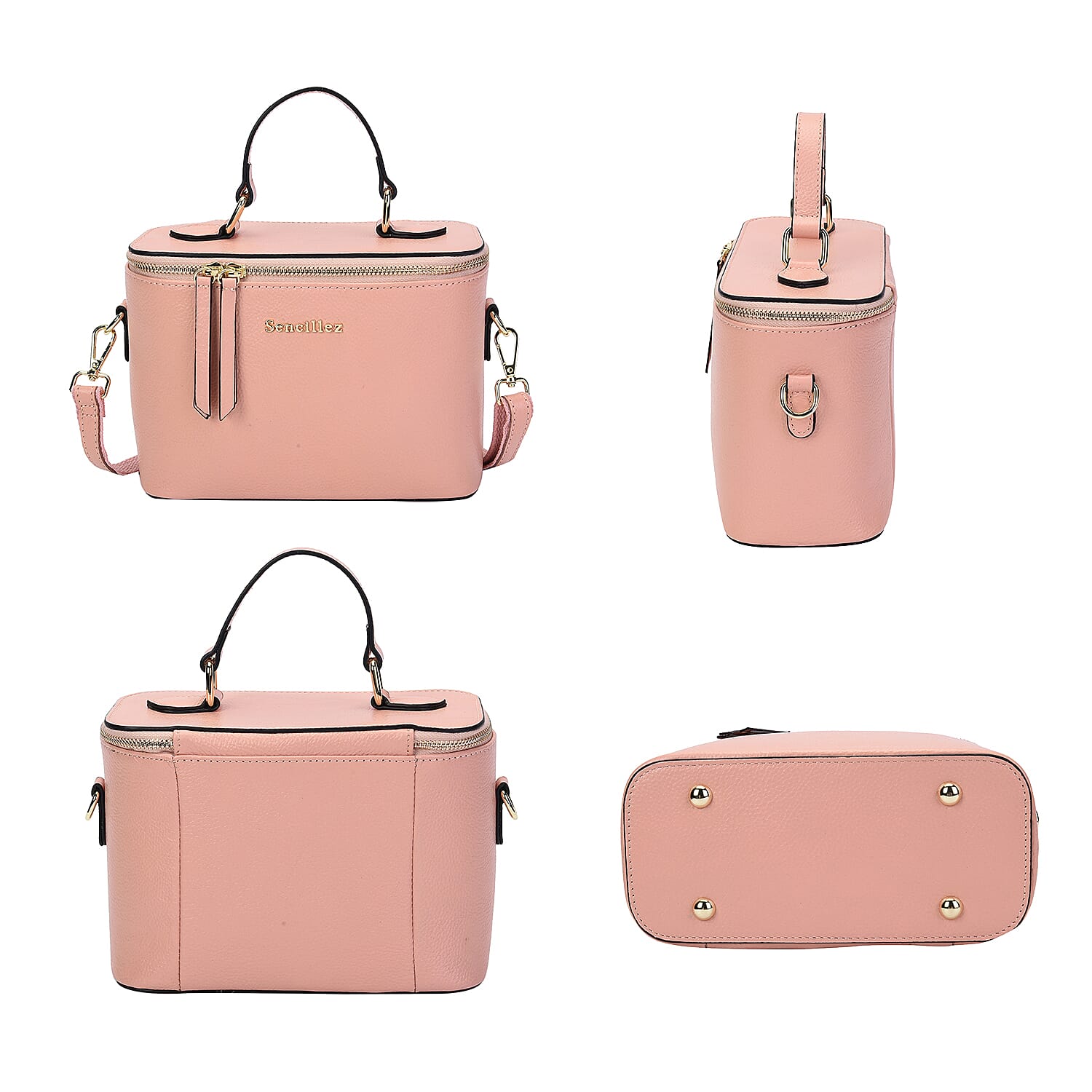 SENCILLEZ 100% Genuine Leather Convertible Bag with Detachable Strap and Zipper Closure - Pink