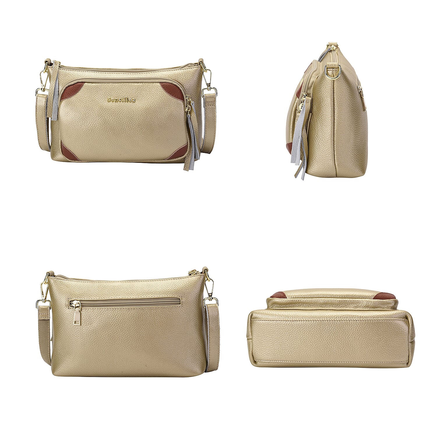 SENCILLEZ Genuine Leather Crossbody Bag with Detachable Strap and Zipper Closure - Gold