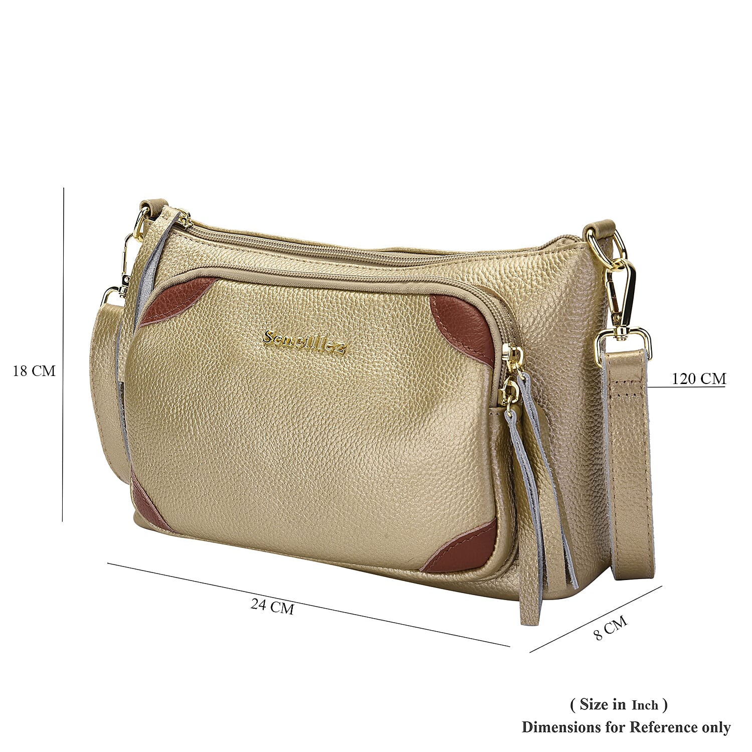 SENCILLEZ Genuine Leather Crossbody Bag with Detachable Strap and Zipper Closure - Gold