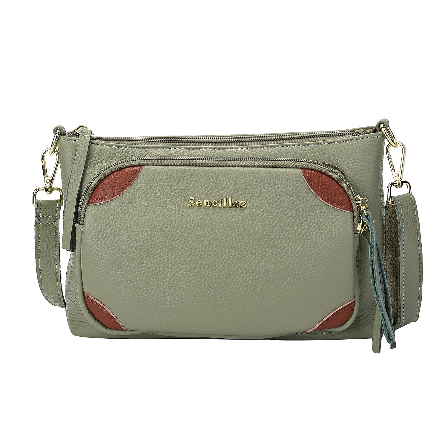 SENCILLEZ 100% Genuine Leather Crossbody Bag with Detachable Strap and Zipper Closure (Size 24x8x18cm) - Mint Green