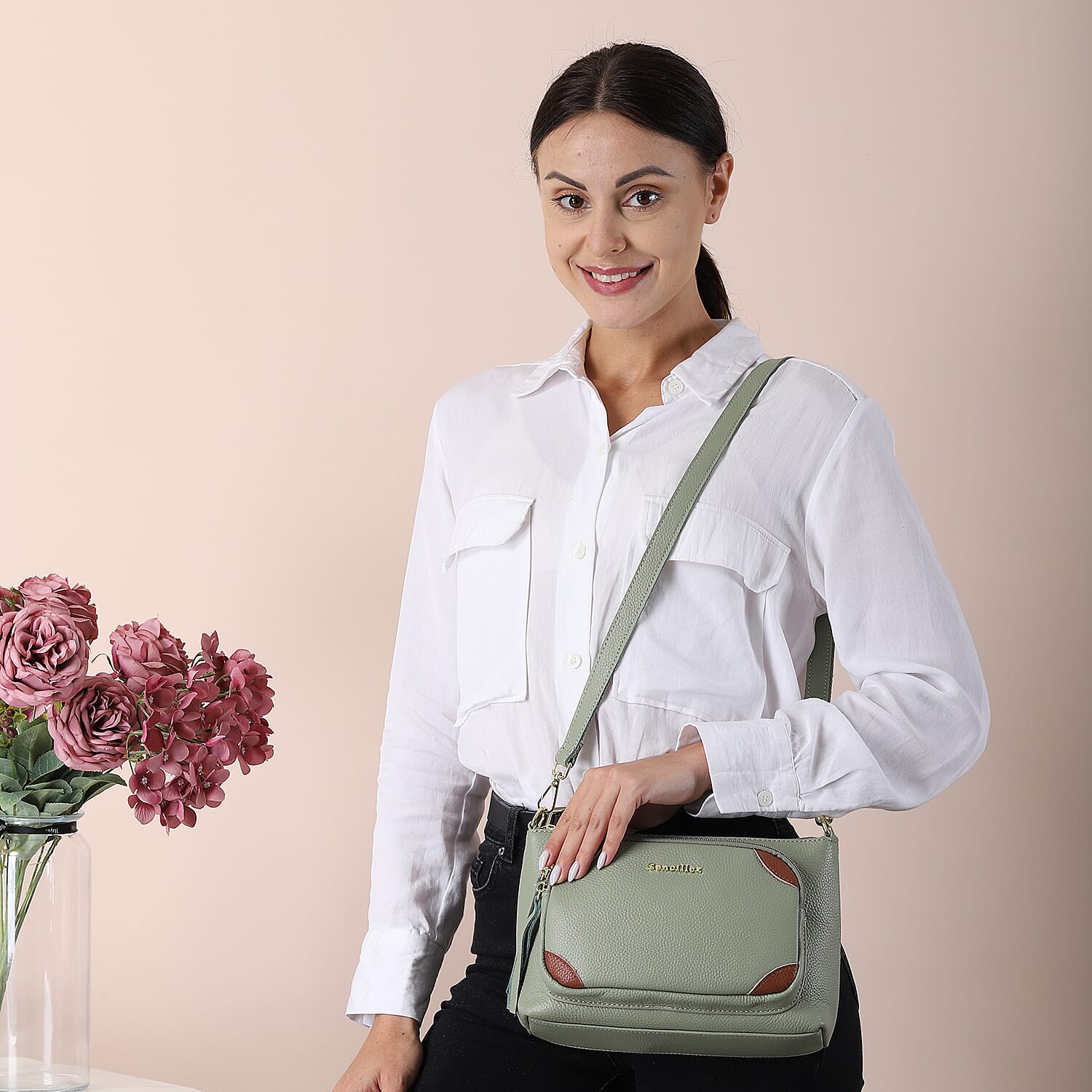 SENCILLEZ 100% Genuine Leather Crossbody Bag with Detachable Strap and Zipper Closure (Size 24x8x18cm) - Mint Green