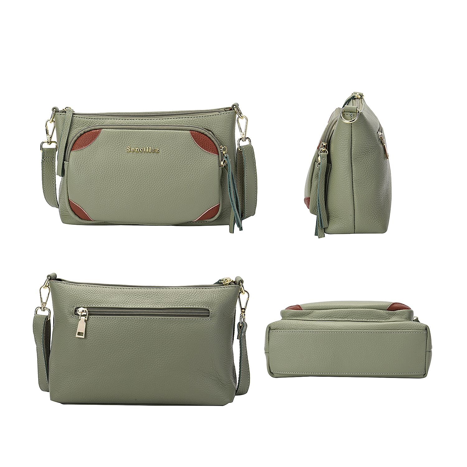 SENCILLEZ 100% Genuine Leather Crossbody Bag with Detachable Strap and Zipper Closure (Size 24x8x18cm) - Mint Green