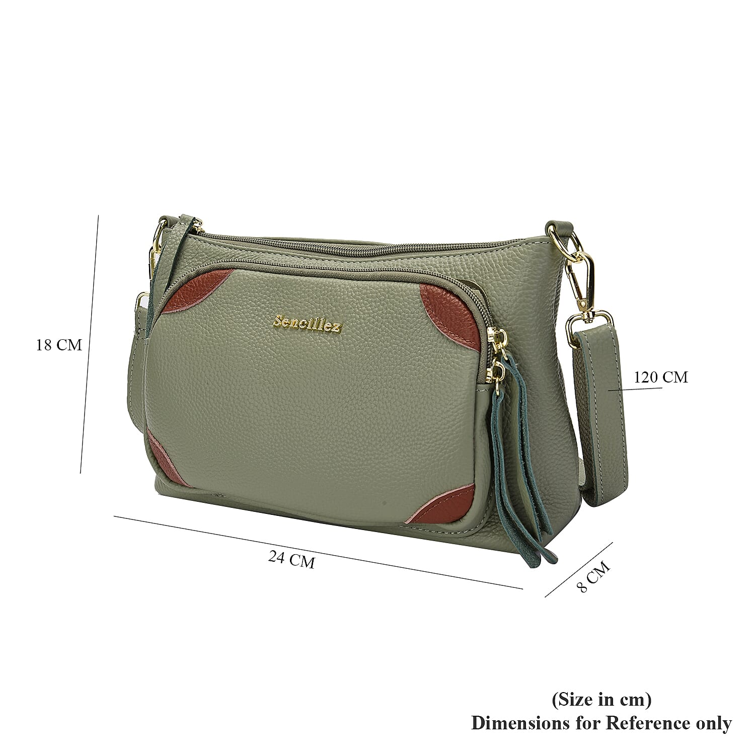 SENCILLEZ 100% Genuine Leather Crossbody Bag with Detachable Strap and Zipper Closure (Size 24x8x18cm) - Mint Green