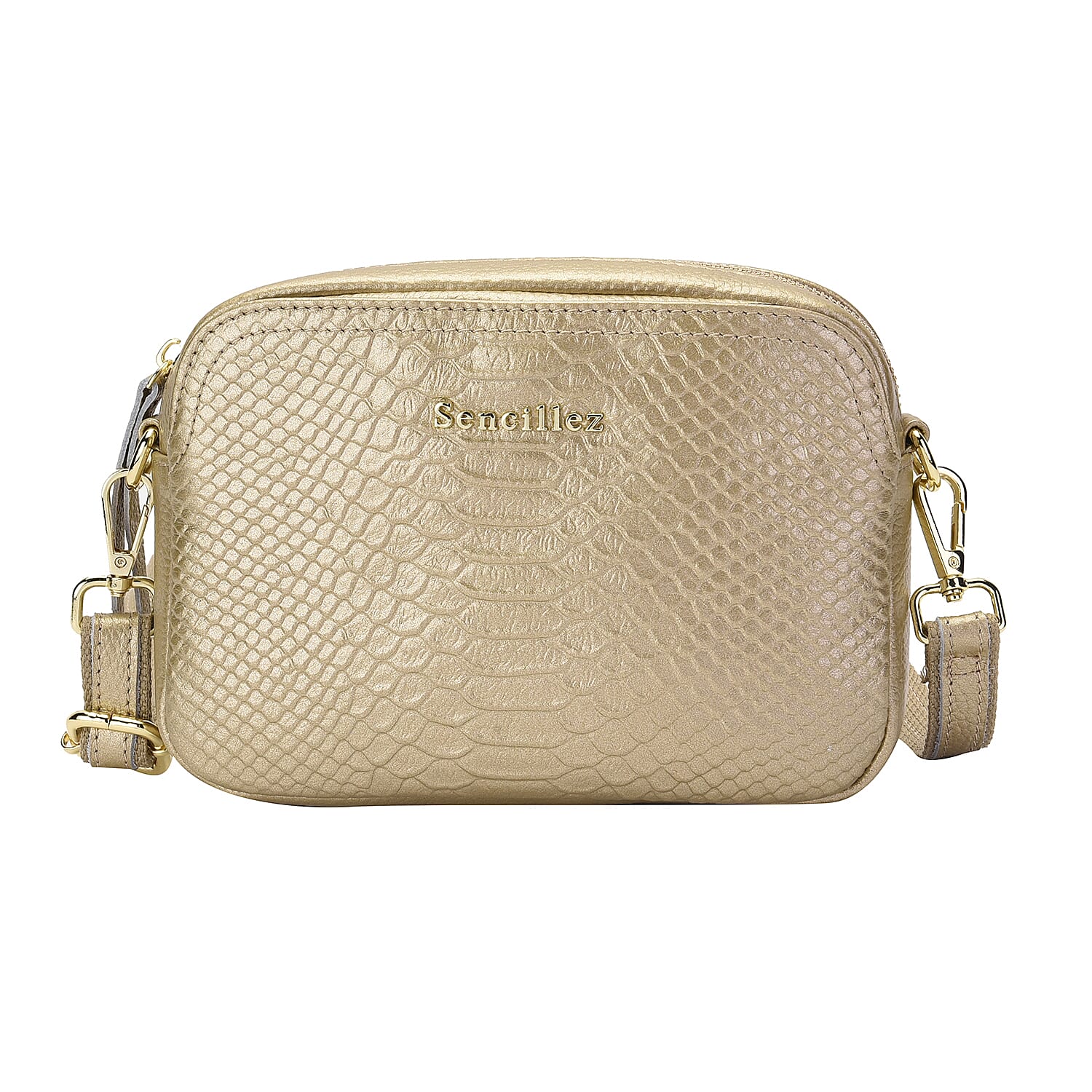 SENCILLEZ Genuine Leather Snakeskin Pattern Crossbody Bag with Detachable Strap and Zipper Closure - Green