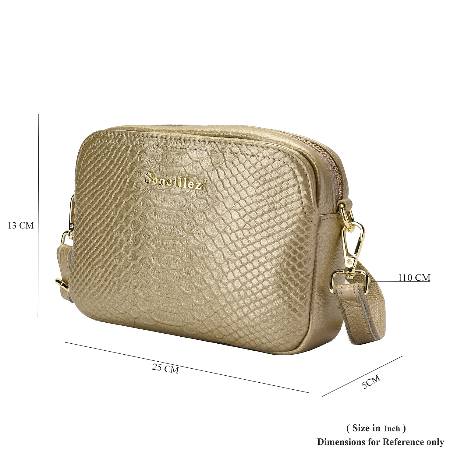 SENCILLEZ Genuine Leather Snakeskin Pattern Crossbody Bag with Detachable Strap and Zipper Closure - Green