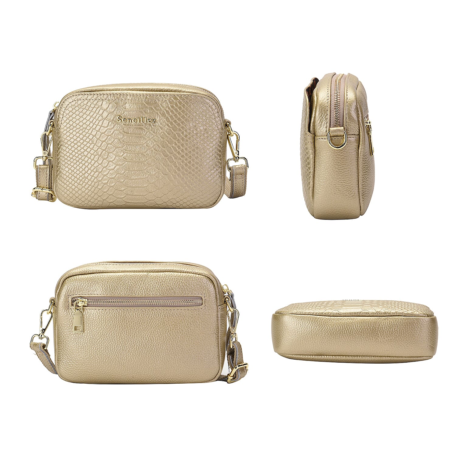 SENCILLEZ Genuine Leather Snakeskin Pattern Crossbody Bag with Detachable Strap and Zipper Closure - Green