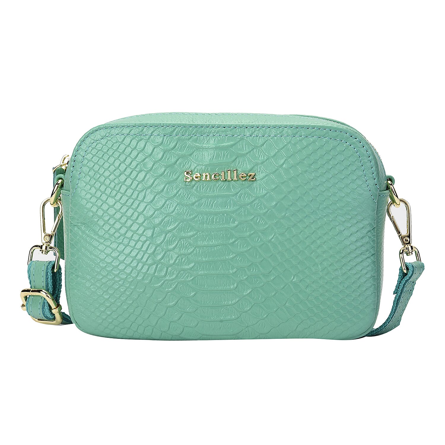 SENCILLEZ 100% Genuine Leather Snakeskin Pattern Crossbody Bag with Detachable Strap and Zipper Closure - Green