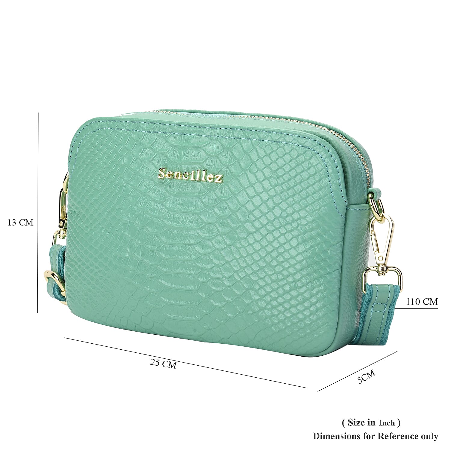 SENCILLEZ 100% Genuine Leather Snakeskin Pattern Crossbody Bag with Detachable Strap and Zipper Closure - Green