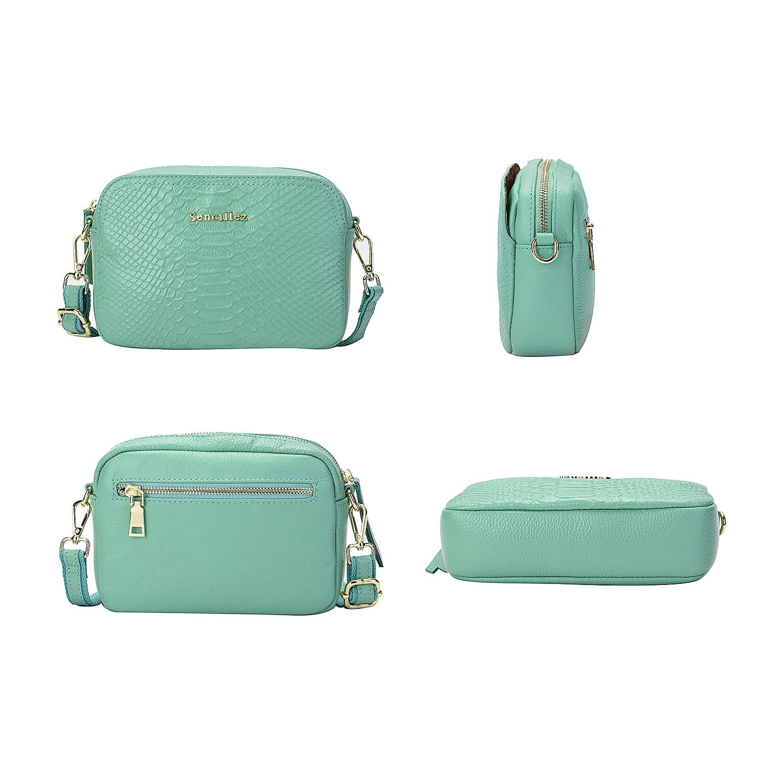 SENCILLEZ 100% Genuine Leather Snakeskin Pattern Crossbody Bag with Detachable Strap and Zipper Closure - Green