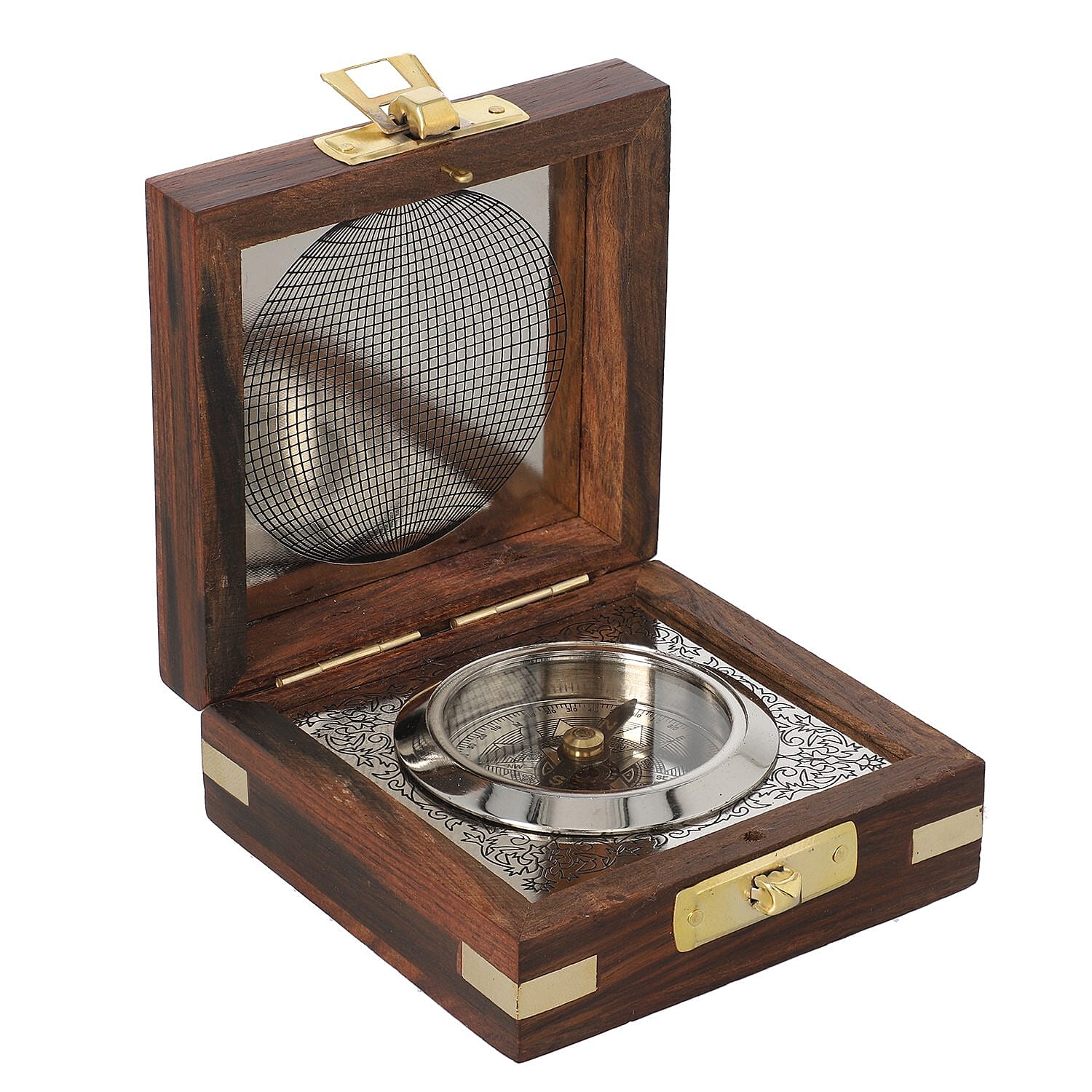 Handcrafted Wooden Box With Built in Goldentone Compass (Size 7.6x7.6x3.8 Cm) - Brown
