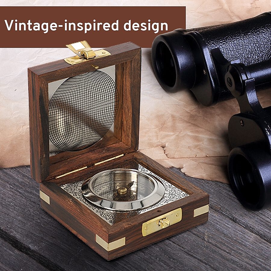 Handcrafted Wooden Box With Built in Goldentone Compass (Size 7.6x7.6x3.8 Cm) - Brown